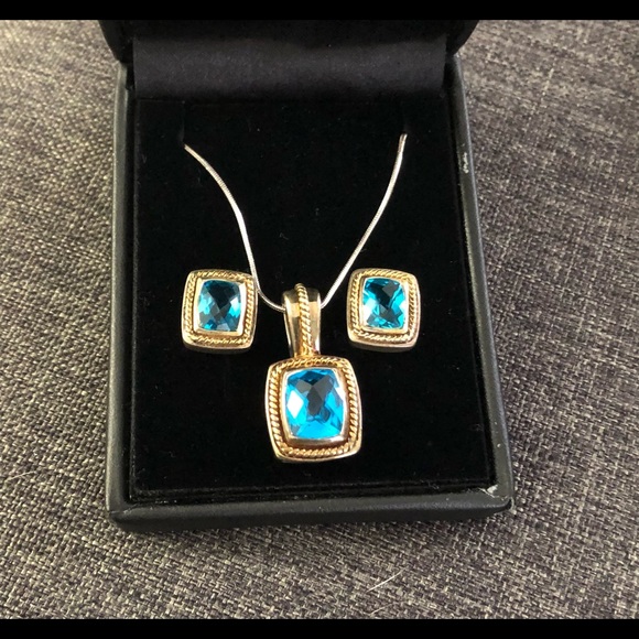 NIB Signed STS sterling silver ornate blue topaz necklace and earrings.S2 - Picture 2 of 9